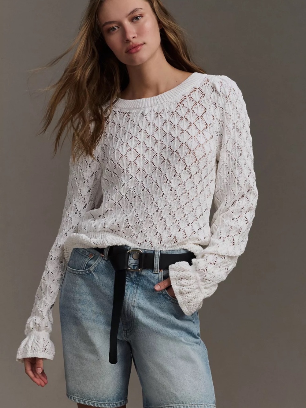 NWT  Anthropologie Flounce-Hem Pointelle Sweater S